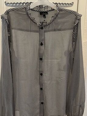 Black & White Sheer Gingham Ruffle Neck Blouse